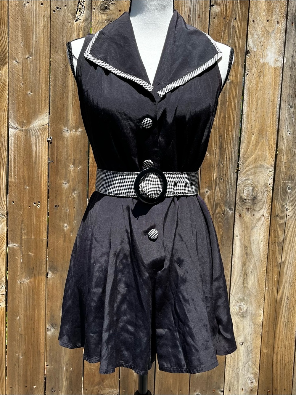 Vintage 80s City Triangles Sleeveless Black  Romper with Checked Trim and Belt